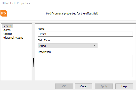 Offset field properties dialog. General is selected from the tree on the left. On the right, you can enter the name of the field, select the field data type from the drop down, and enter a description for the field.